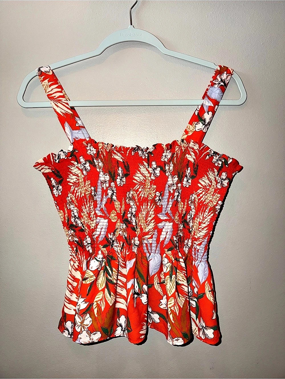 Rachel Zoe Red Tropical Floral Smocked Peplum Cami Top size Medium coquette